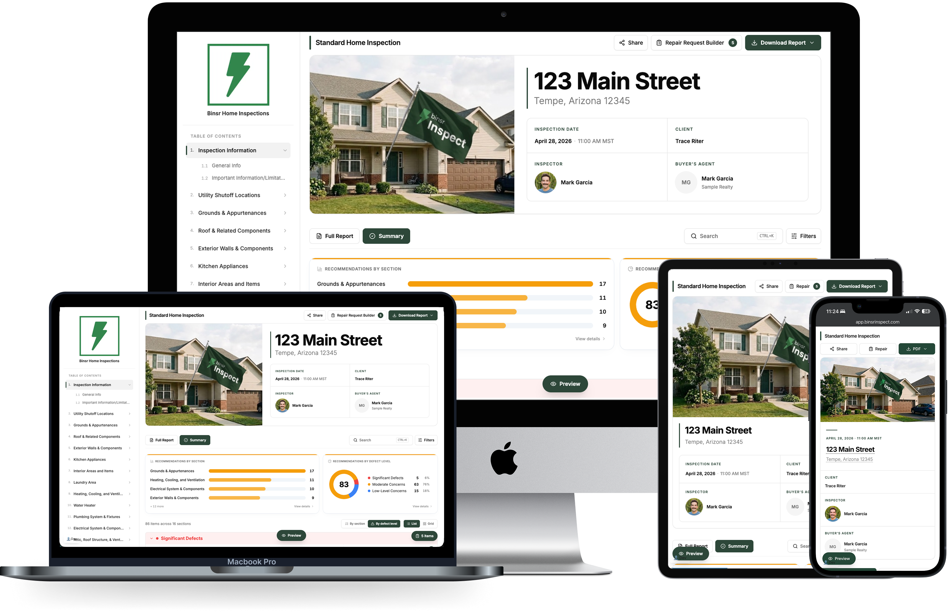 Home inspection sample report displayed on desktop, laptop, tablet, and mobile devices